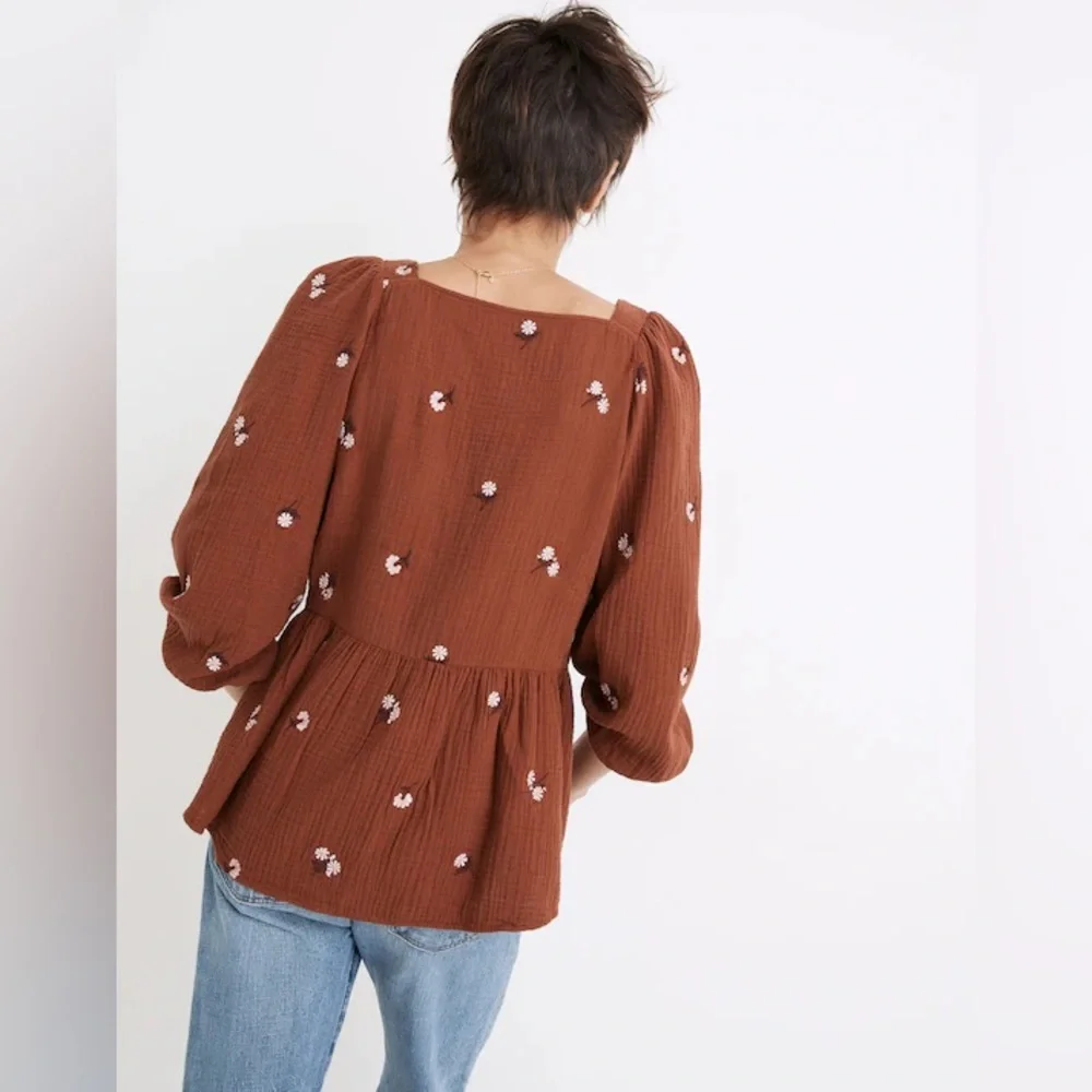 NWT Madewell Amie Floral Embroidered Lightspun Millbrook Puff-Sleeve Top Medium